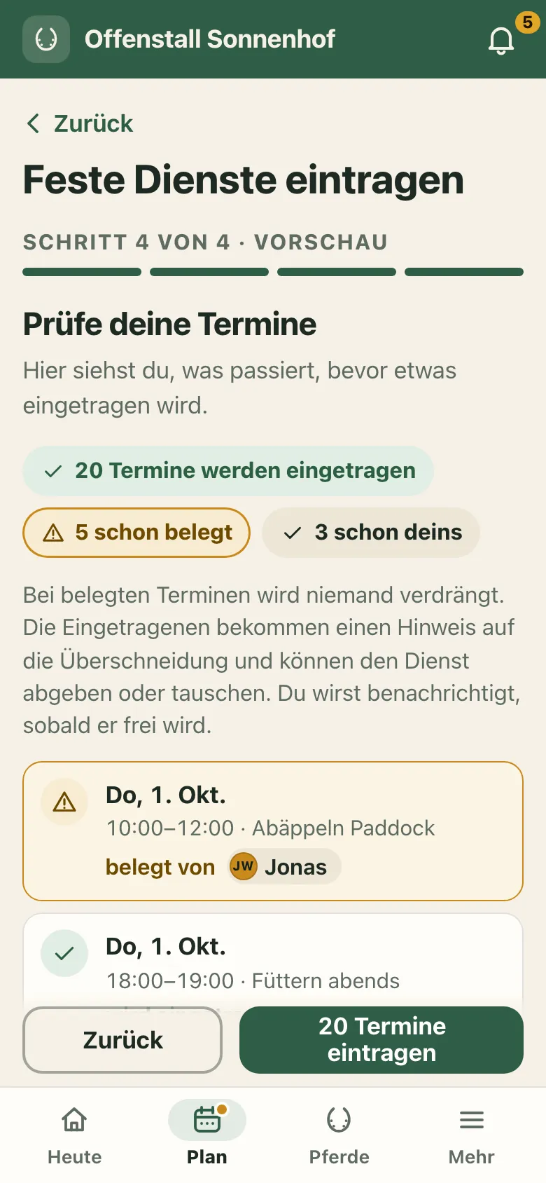 App-Ansicht Feste Dienste mit Vorschau und Überschneidungs-Hinweis
