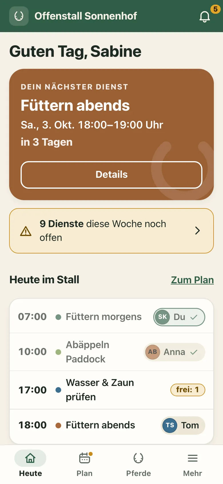 App-Ansicht Heute mit nächstem Dienst und offenen Diensten der Woche